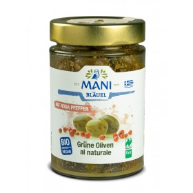 MANI Grüne Oliven al naturale mit Koriandersamen & rosa Pfeffer, bio NL Fair, 205g Glas