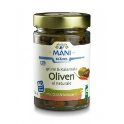 MANI Grüne & Kalamata Oliven al naturale mit Chili & Kräutern, bio NL Fair, 205g Glas