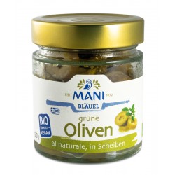 MANI Grüne Oliven al naturale, in Scheiben, bio, NL Fair, 120g Glas