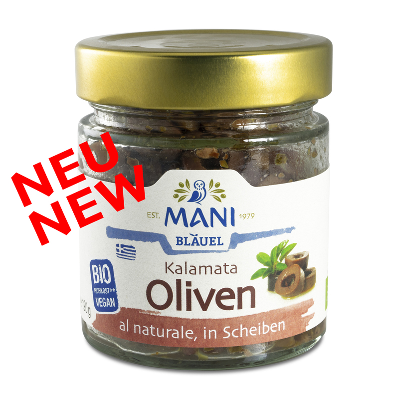 MANI Kalamata olives al naturale, sliced, organic, NL Fair, 120g jar
